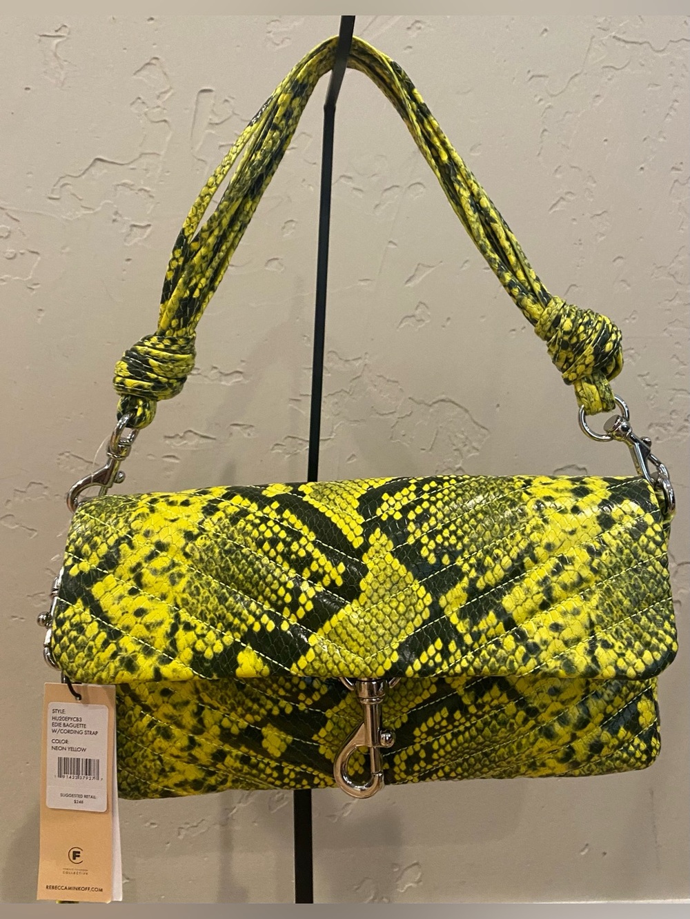 NWT Rebecca Minkoff neon Yellow Snake-Print Shoulder Bag with crossbody strap.